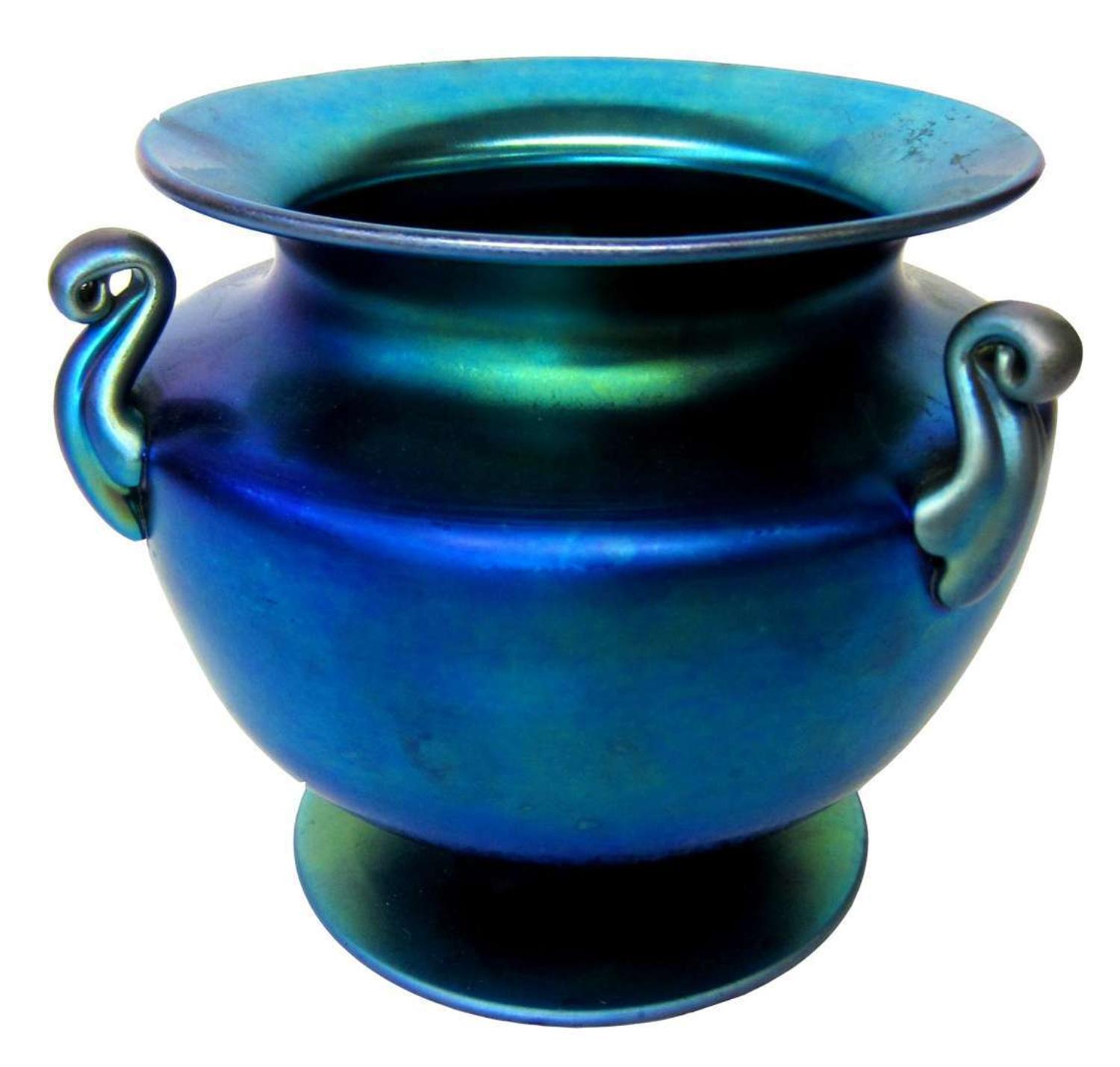 Blue Aurene glass handled vase steuben glass, corning, ny, early 20th century