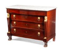 An Empire Style Gilt Bronze Mounted Mahogany Marble-Top Commode