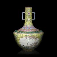 A Chinese Yellow Ground Famille Rose Porcelain 'Floral' Vase, Dated 1947 — 1947年作 ’蔣瓷‘黃地粉彩開光花鳥圖雙耳瓶