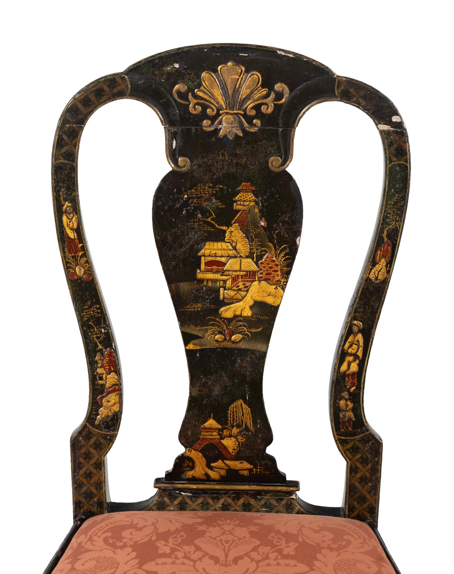 A Pair of Queen Anne Style Black Japanned Side Chairs