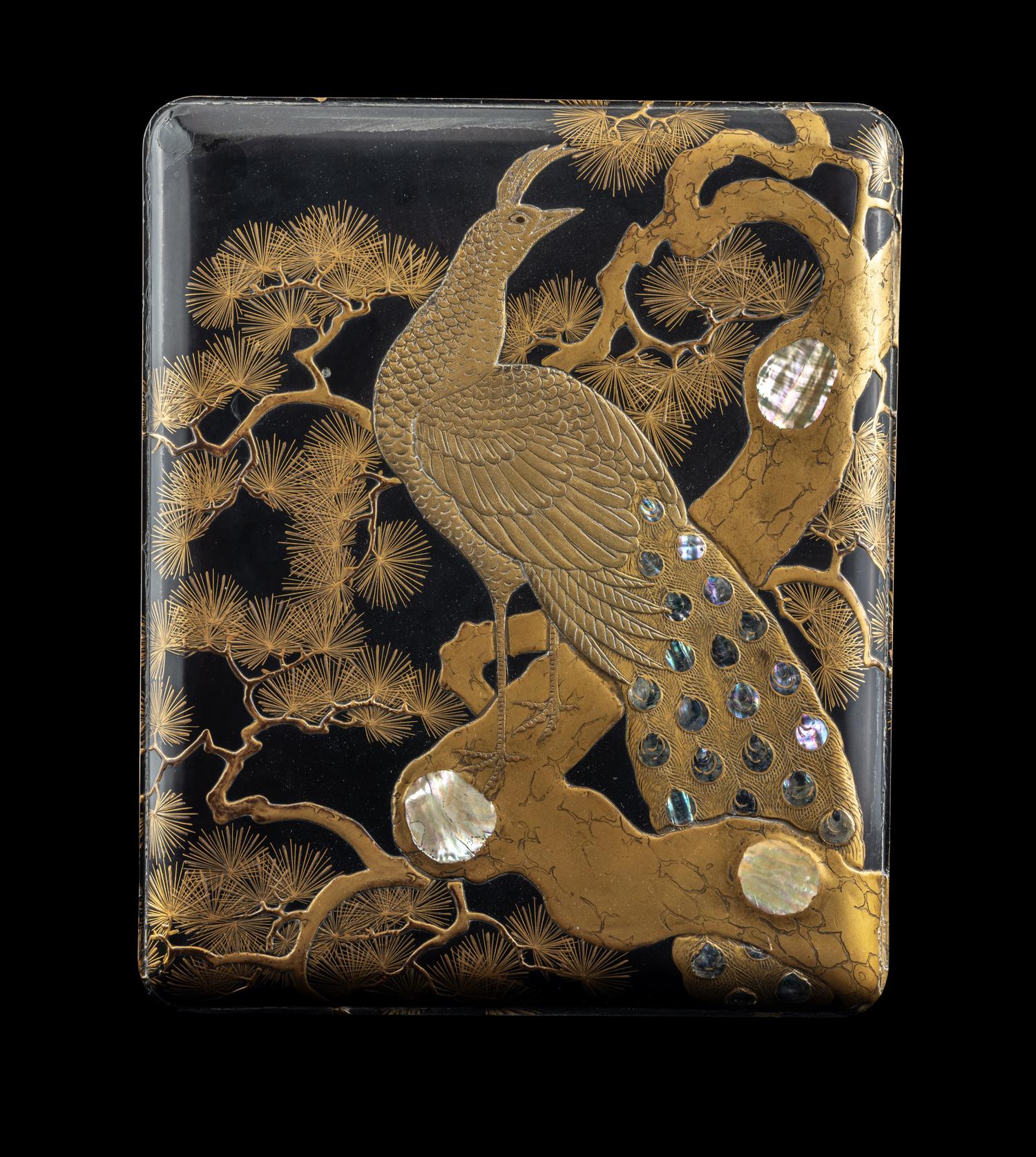 A Large Japanese Mother-of-Pearl Inlaid Gold and Black Lacquer Stationary Box and Cover, Bunko, Meiji Period 日本明治時代 蒔繪嵌螺鈿孔雀圖文箱
