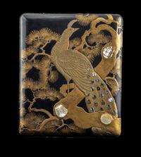 A Large Japanese Mother-of-Pearl Inlaid Gold and Black Lacquer Stationary Box and Cover, Bunko, Meiji Period 日本明治時代 蒔繪嵌螺鈿孔雀圖文箱
