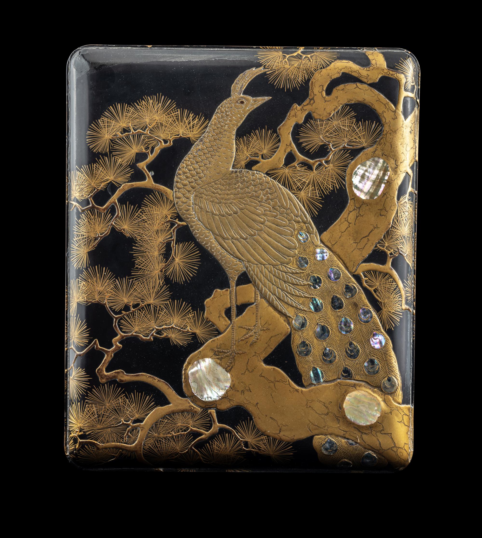A Large Japanese Mother-of-Pearl Inlaid Gold and Black Lacquer Stationary Box and Cover, Bunko, Meiji Period 日本明治時代 蒔繪嵌螺鈿孔雀圖文箱