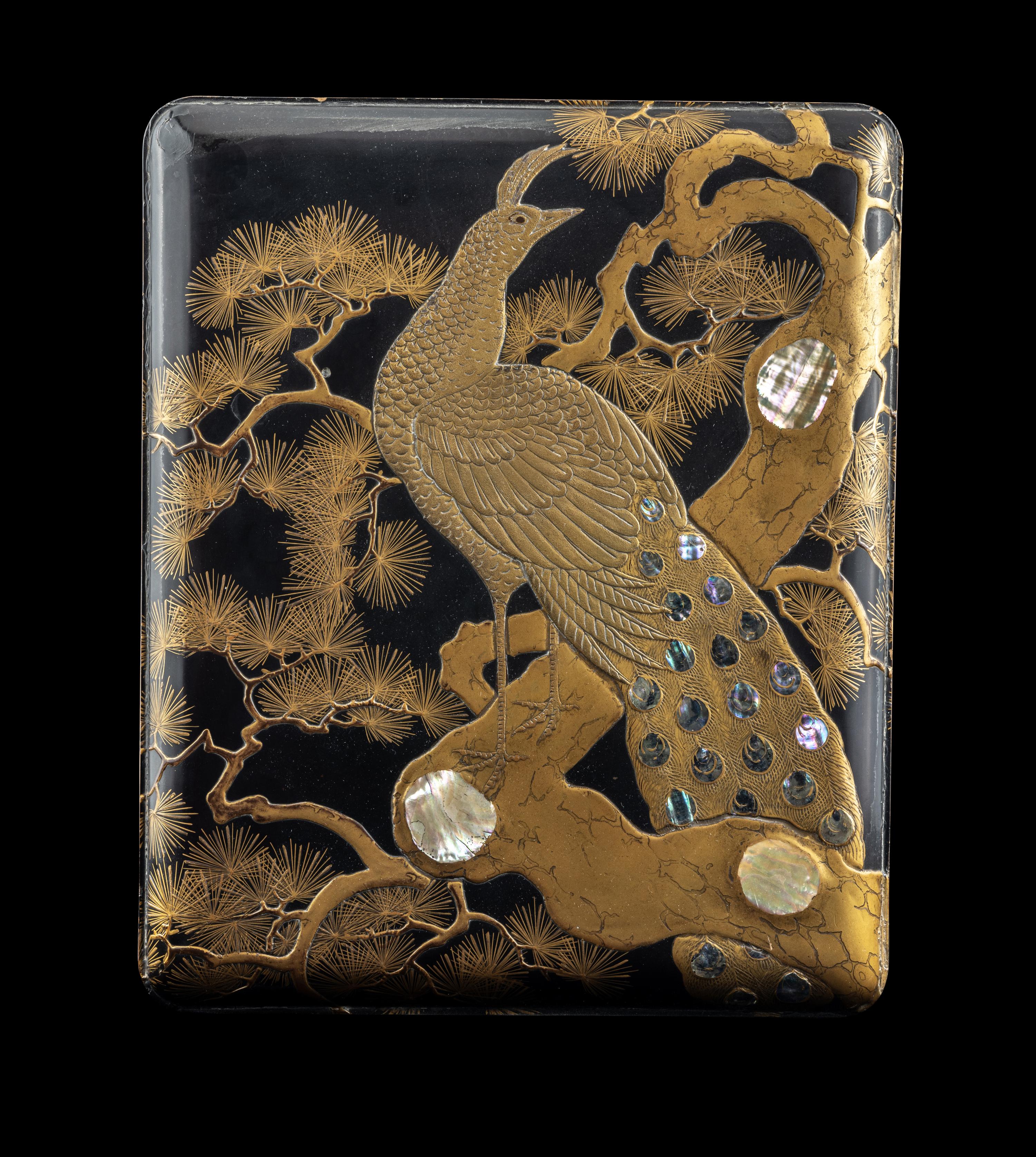 A Large Japanese Mother-of-Pearl Inlaid Gold and Black Lacquer Stationary Box and Cover, Bunko, Meiji Period 日本明治時代 蒔繪嵌螺鈿孔雀圖文箱