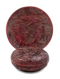 Two Cinnabar Articles Diameter of charger 14 inches. — 20TH CENTURY