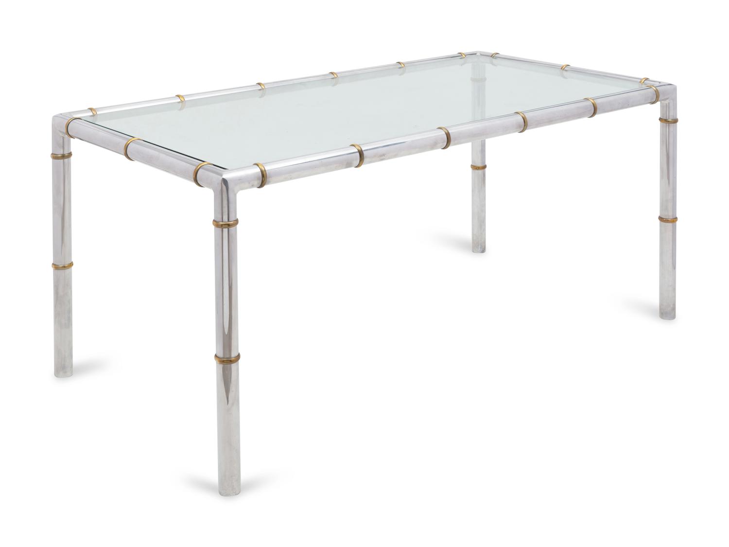 A Brass Mounted Aluminum Glass-Top Dining Table