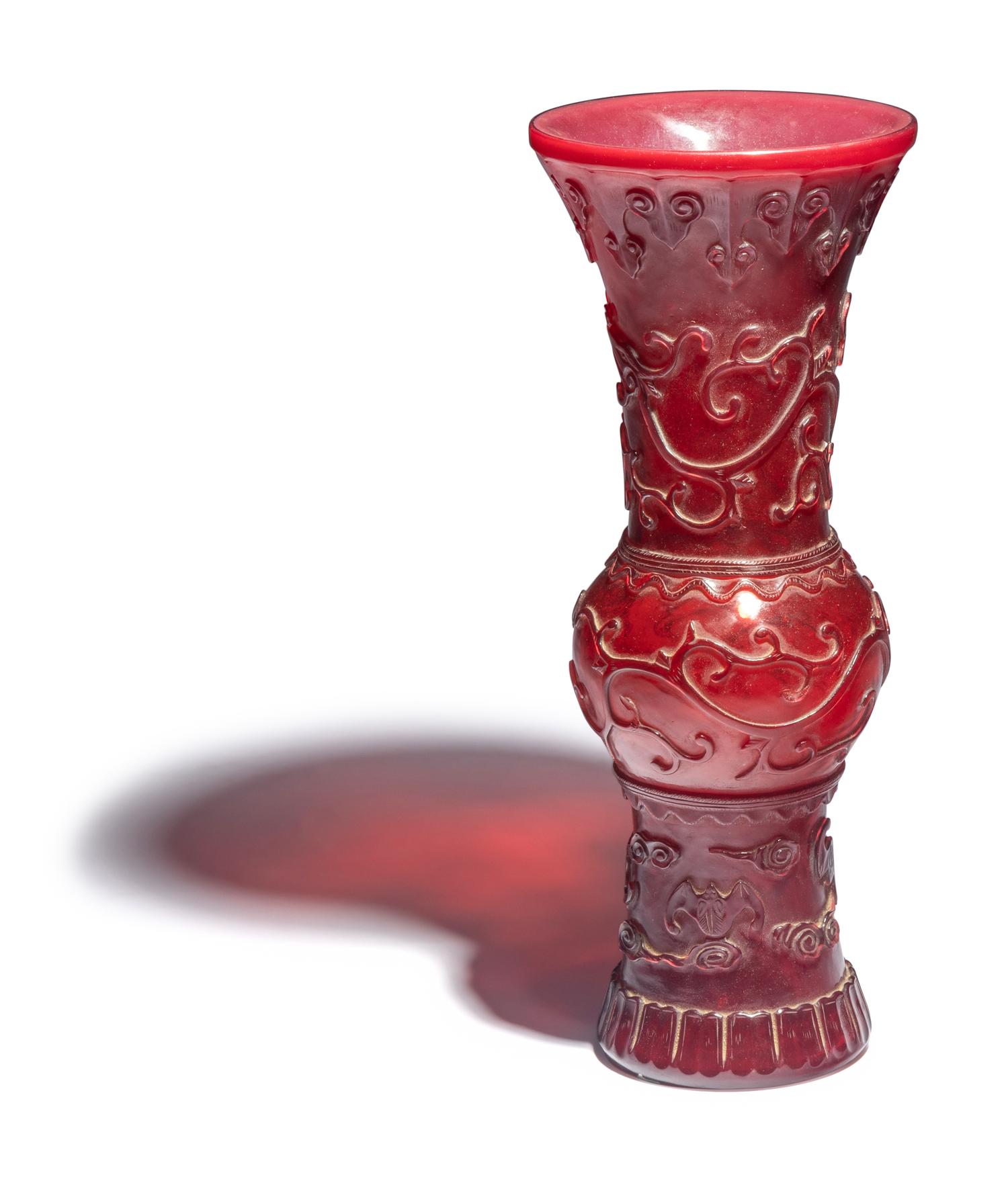 Three Chinese Colored Glass Bowls and a Ruby Glass Vase, 19th-20th Century 晚清-民國 寶石紅及 寶石 藍料器四件