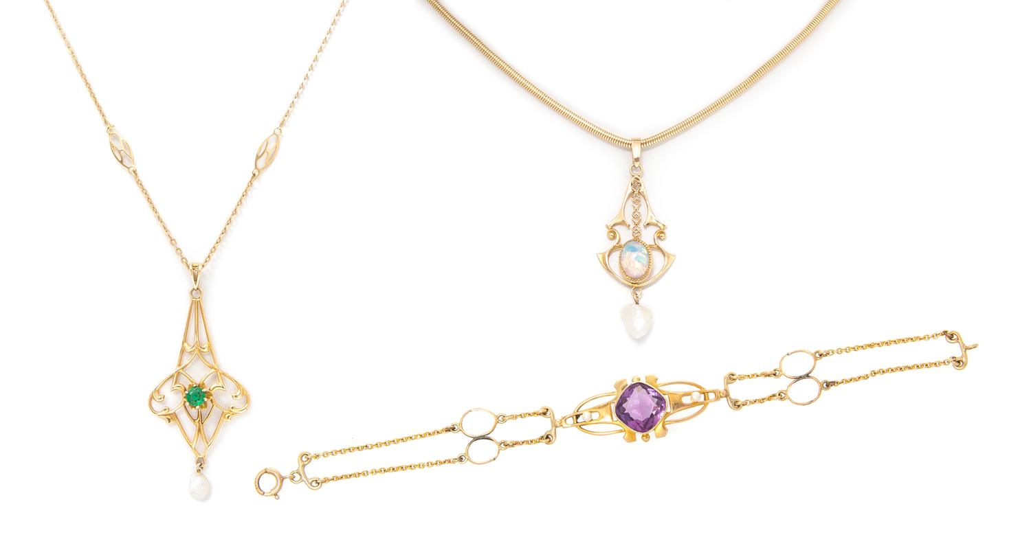 A Collection of Yellow Gold, Opal Doublet, Synthetic Emerald, Amethyst and Cultured Pearl Jewelry, 11.40 dwts.