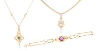 A Collection of Yellow Gold, Opal Doublet, Synthetic Emerald, Amethyst and Cultured Pearl Jewelry, 11.40 dwts.