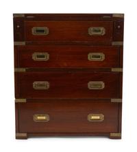 A Diminutive English Campaign Style Brass Mounted Mahogany Chest of Drawers — 20TH CENTURY