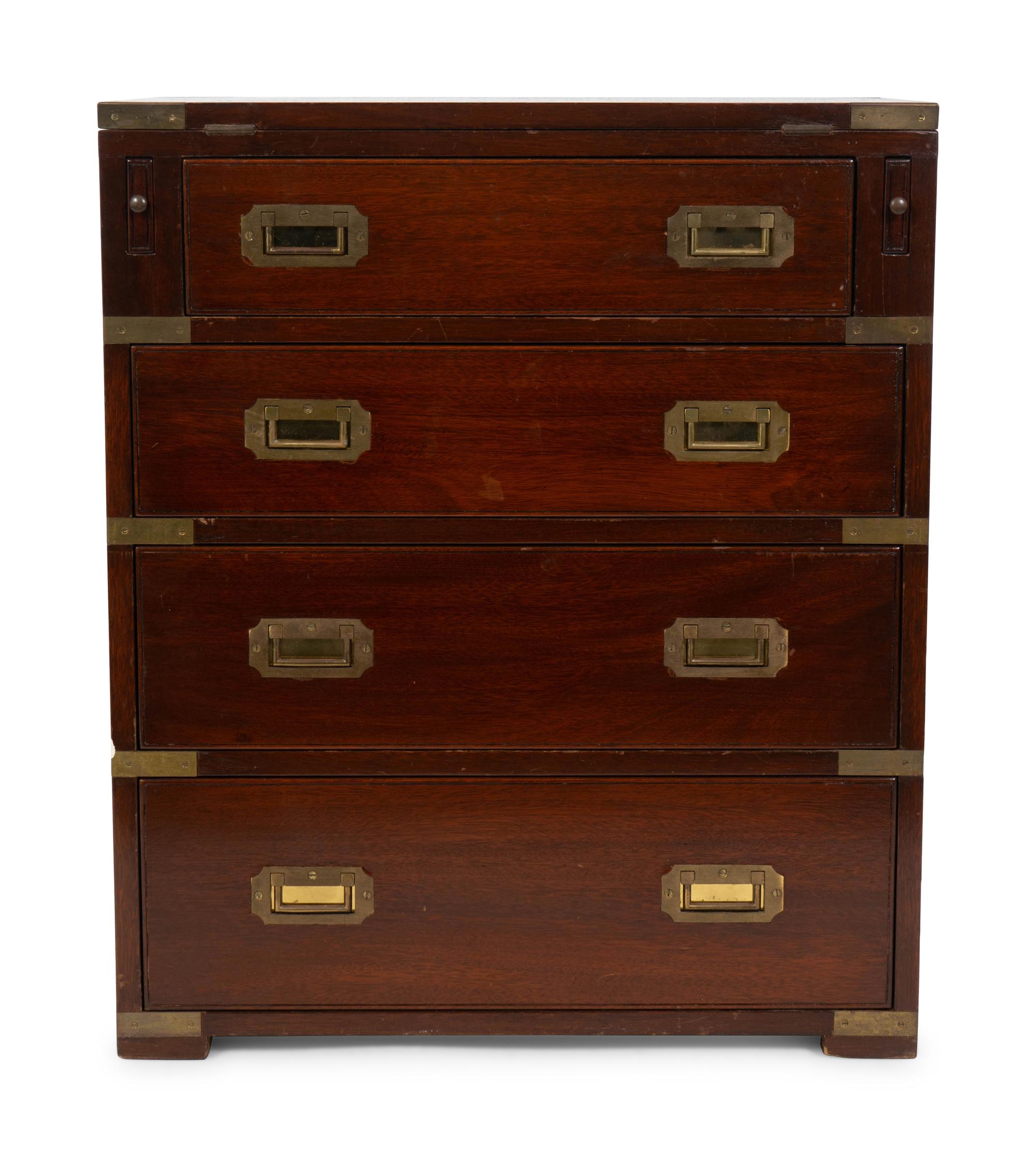 A Diminutive English Campaign Style Brass Mounted Mahogany Chest of Drawers — 20TH CENTURY