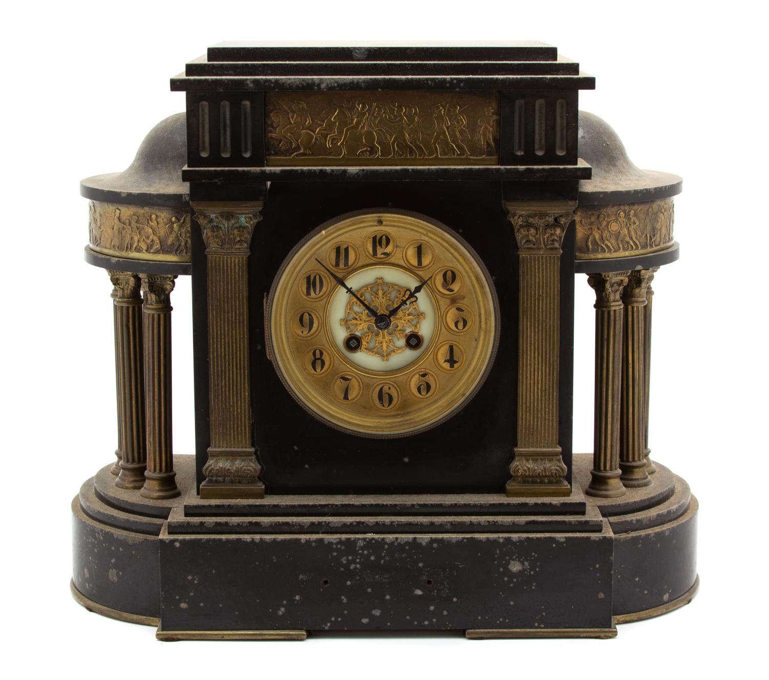 A French Black Marble and Gilt Metal Mounted Mantle Clock Height 14 1/2 x width 17 inches. — 19TH CENTURY