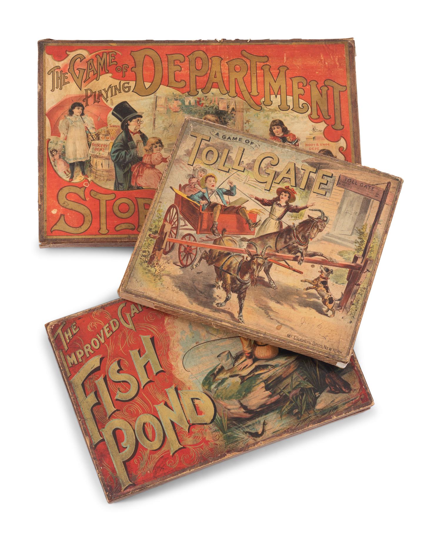 Three McLoughlin Bros. Cased Games Comprising Tollgate , Fish Pond , The Game of Playing Department Store