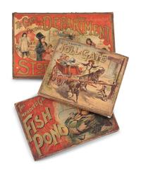 Three McLoughlin Bros. Cased Games Comprising Tollgate , Fish Pond , The Game of Playing Department Store