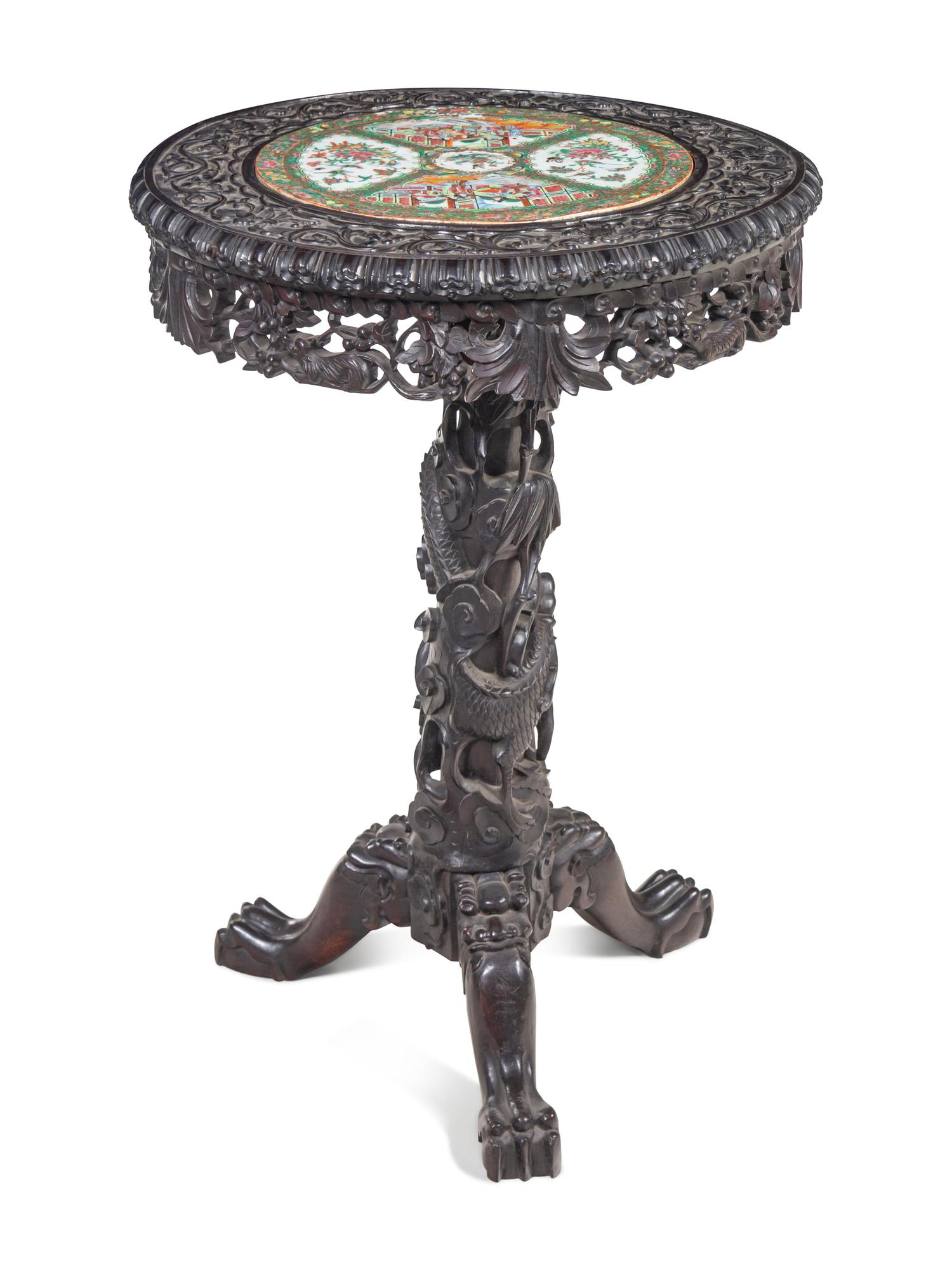 A Rose Medallion Porcelain Inset Rosewood Table