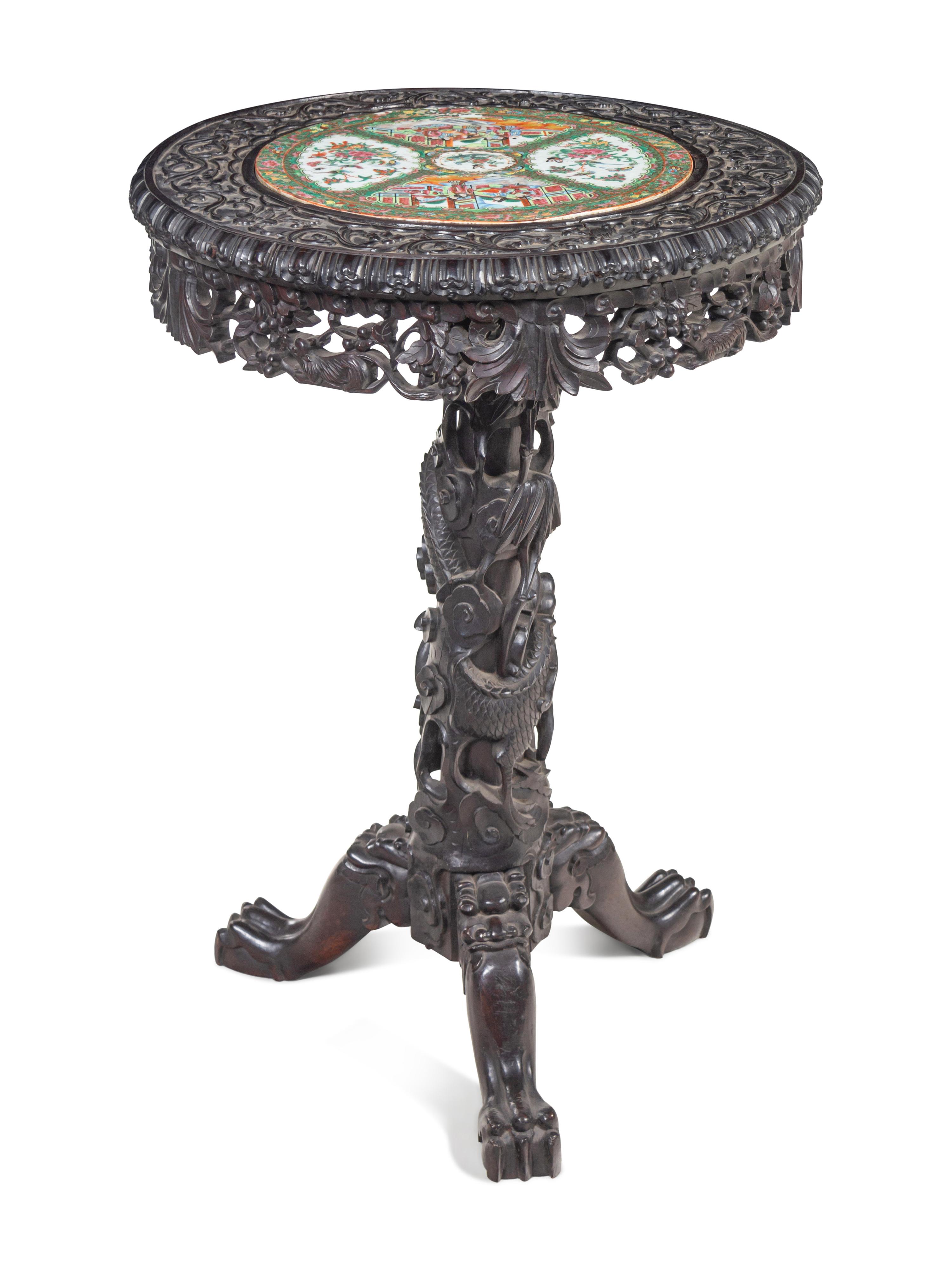 A Rose Medallion Porcelain Inset Rosewood Table