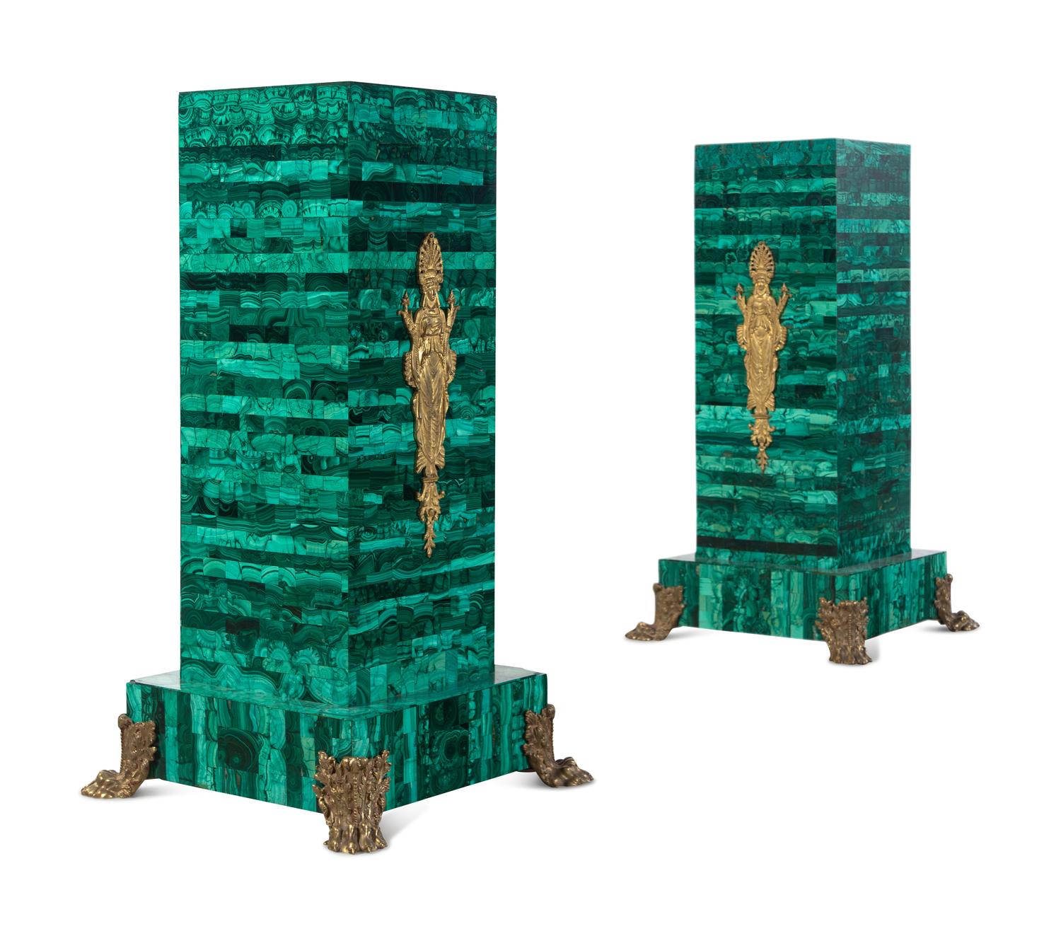 A Pair of Empire Style Gilt Bronze Mounted Malachite Veneered Pedestals