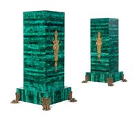 A Pair of Empire Style Gilt Bronze Mounted Malachite Veneered Pedestals