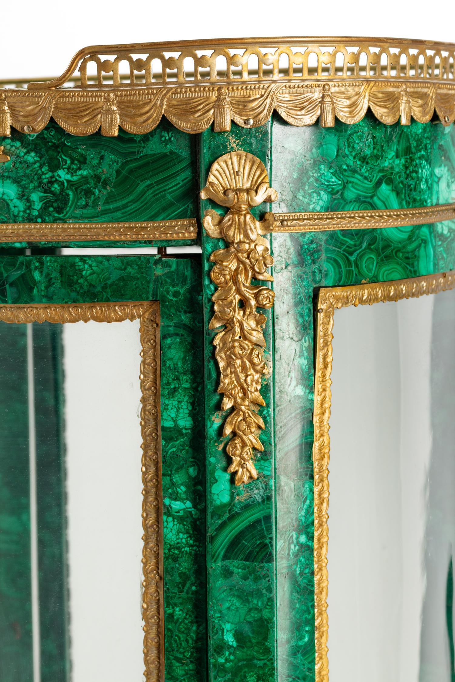 A Louis XV/XVI Transitional Style Gilt Bronze Mounted Malachite Vitrine Cabinet
