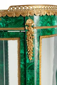 A Louis XV/XVI Transitional Style Gilt Bronze Mounted Malachite Vitrine Cabinet