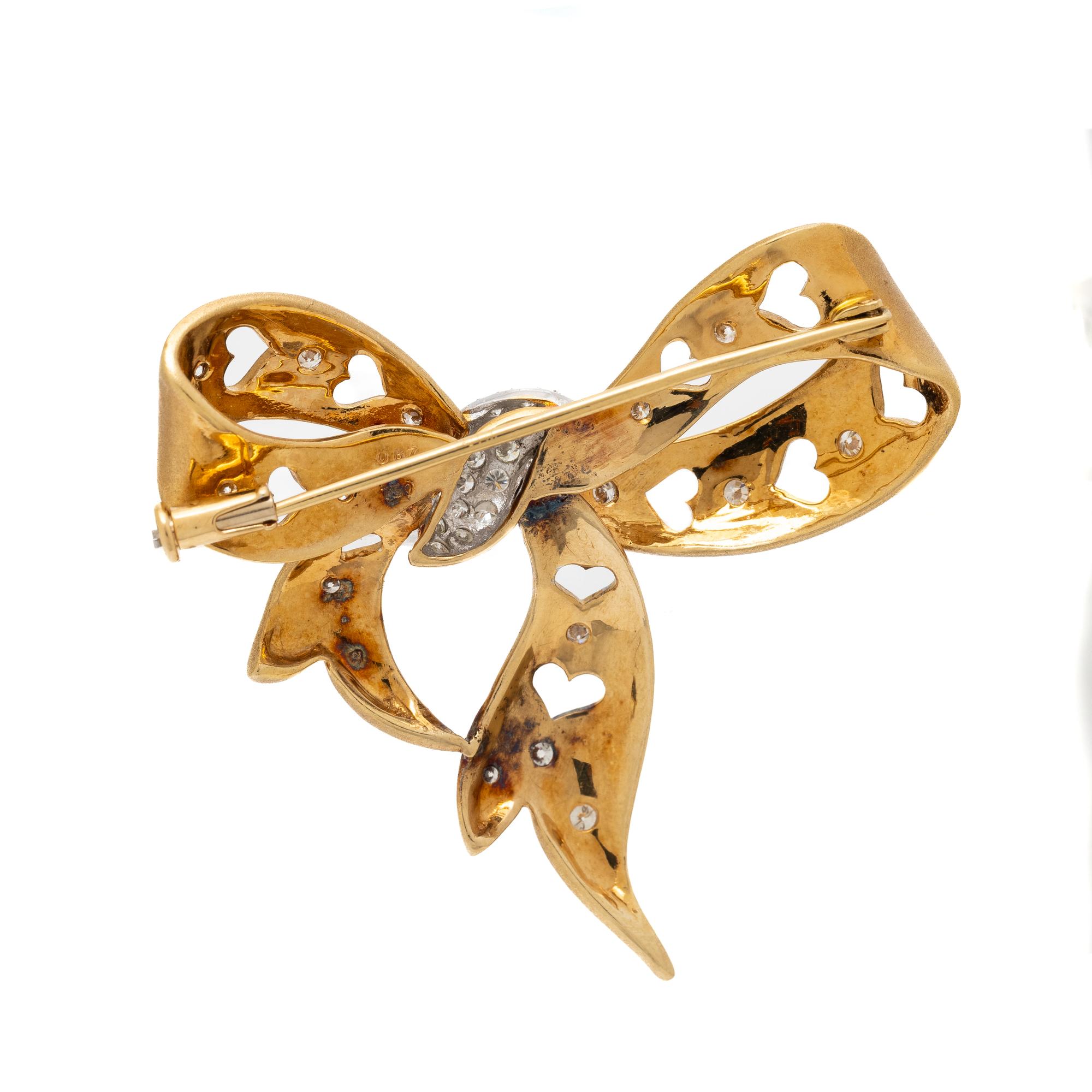 SATIN FINISH BICOLOR GOLD AND DIAMOND BOW BROOCH