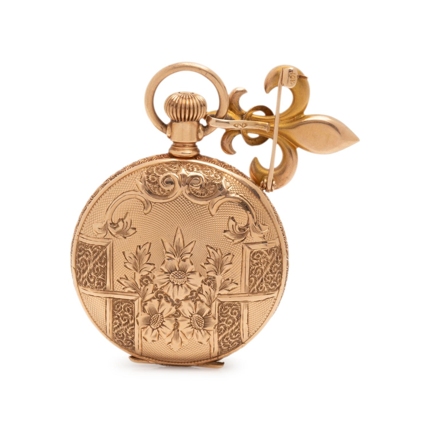 ELGIN, 14K YELLOW GOLD HUNTER CASE POCKET WATCH WITH LAPEL BROOCH