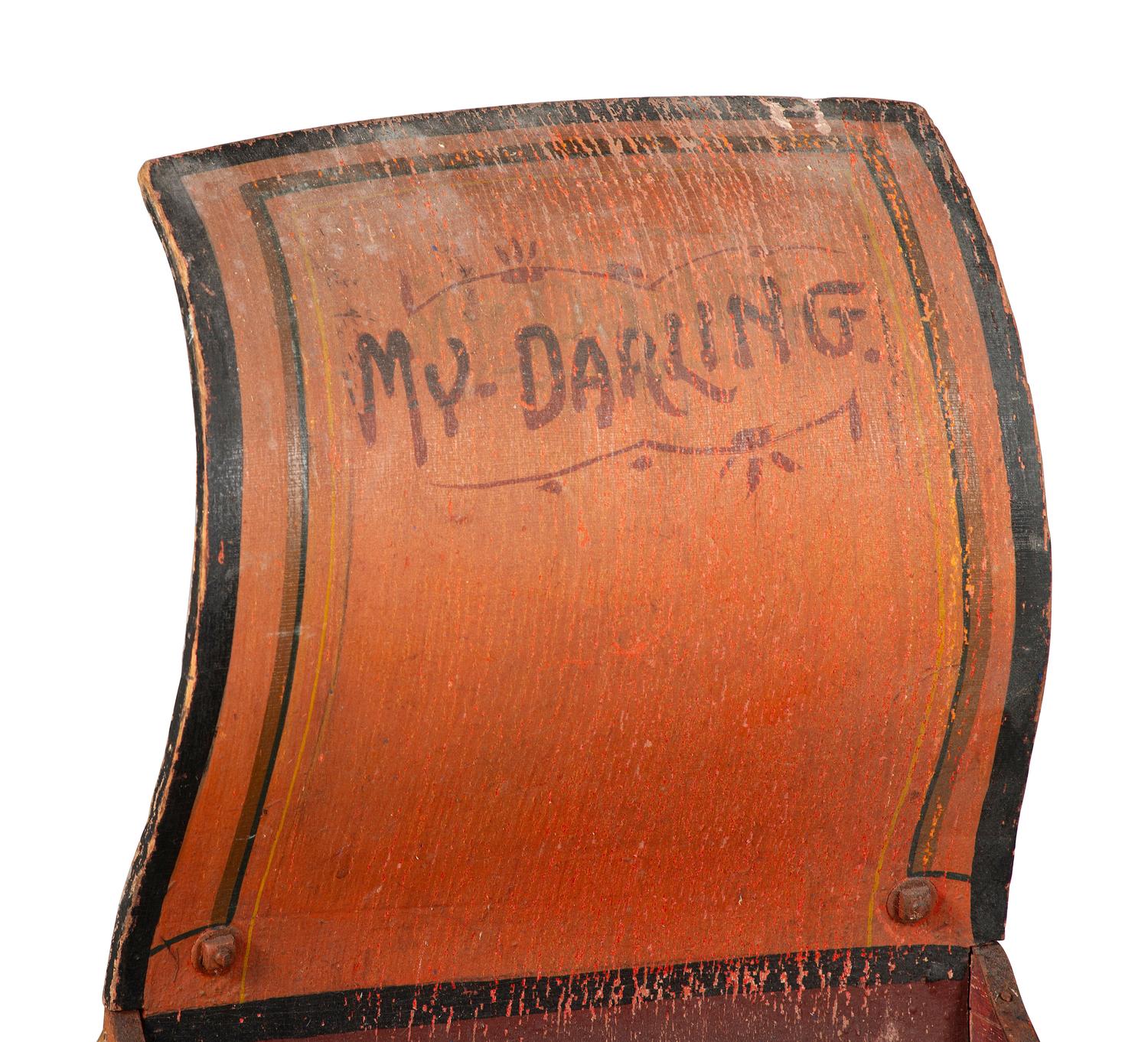A Paint Decorated and Velvet Upholstered Wood Child's Sleigh