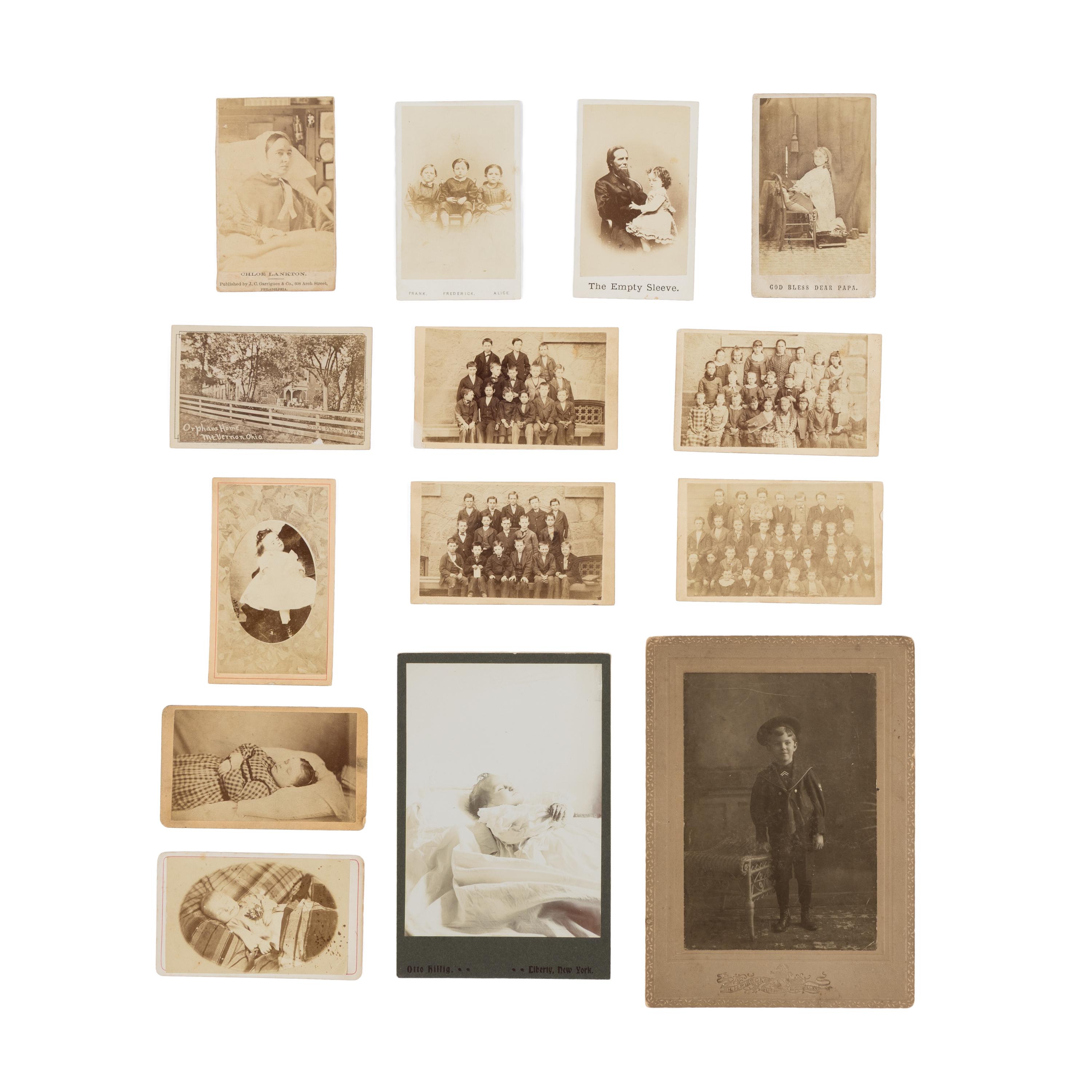 [Early Photography] Group of 14 photos of children, including postmortem views and orphans, highlighted by "Children of the Battle Field"