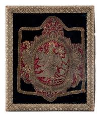 A Red Silk Velvet, Silk and Silver Filé Needlework Medallion