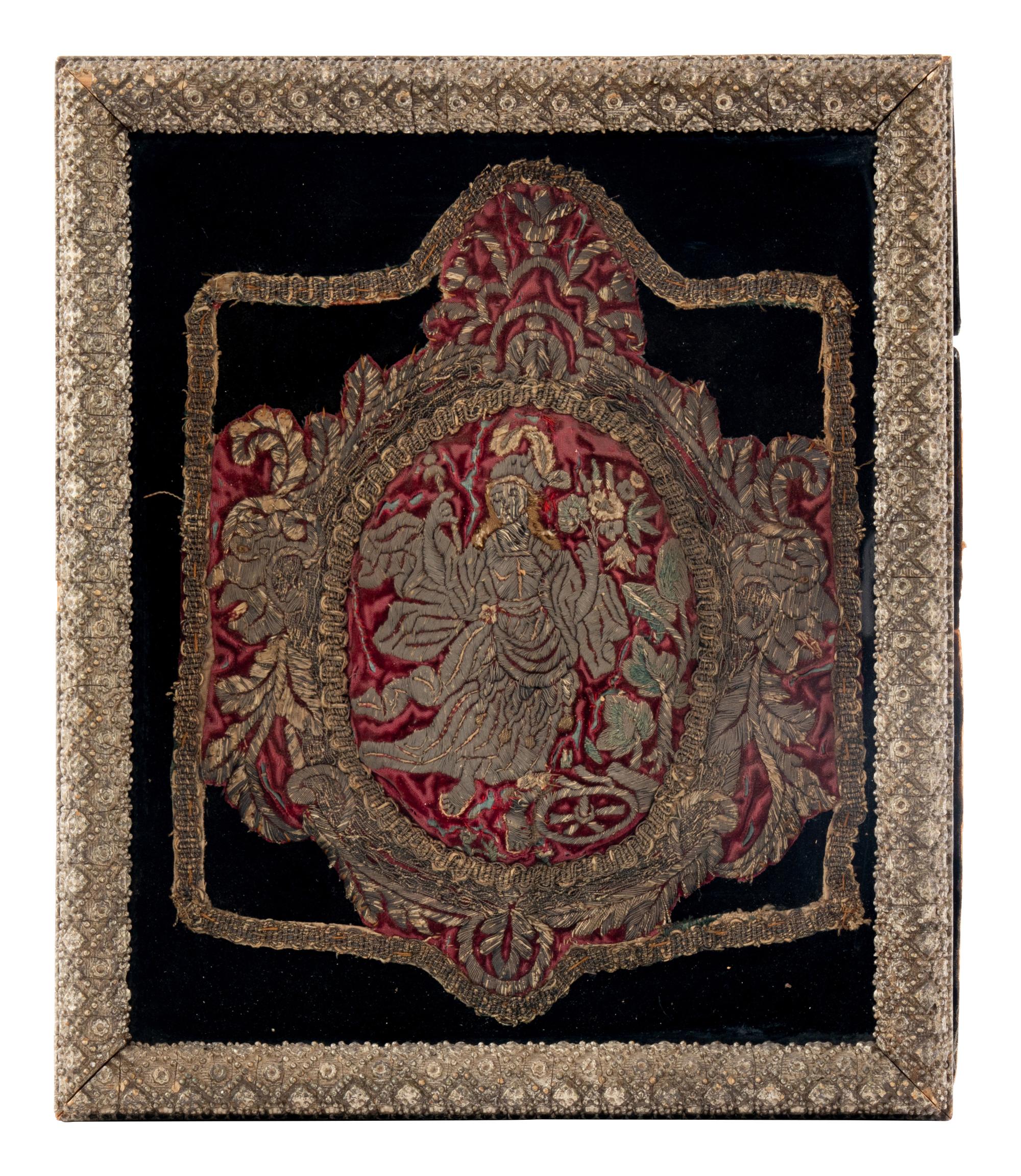 A Red Silk Velvet, Silk and Silver Filé Needlework Medallion