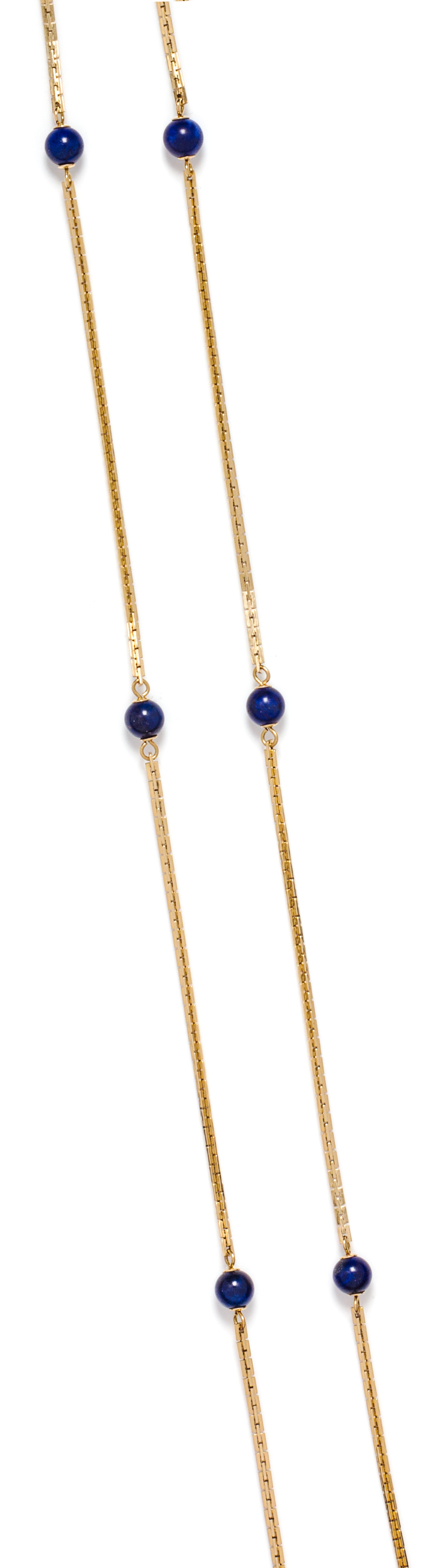 A Yellow Gold and Lapis Lazuli Longchain Necklace, 13.80 dwts.