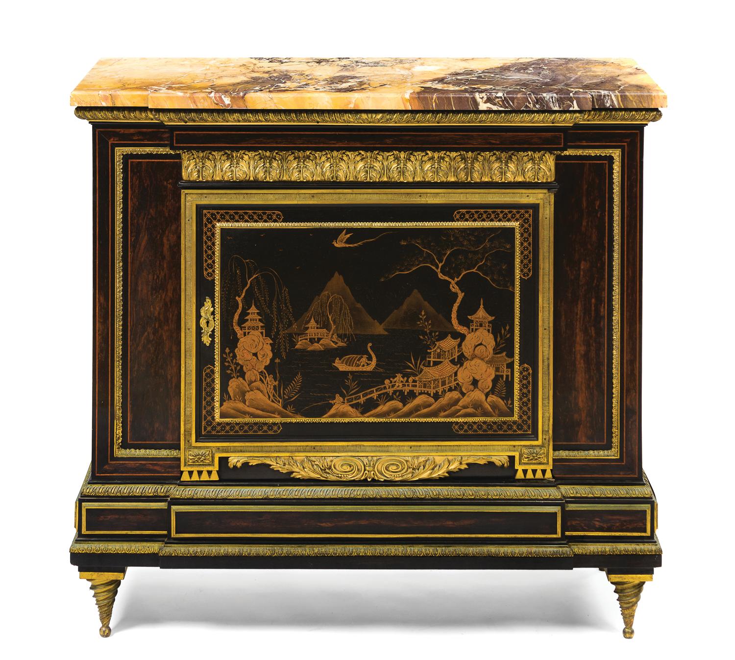 An English Gilt Bronze Mounted Ebonized and Japanned Side Cabinet, Gillows of Lancaster, Height 43 3/4 x width 45 1/2 x depth 18 3/4 in