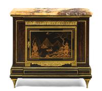 An English Gilt Bronze Mounted Ebonized and Japanned Side Cabinet, Gillows of Lancaster, Height 43 3/4 x width 45 1/2 x depth 18 3/4 in