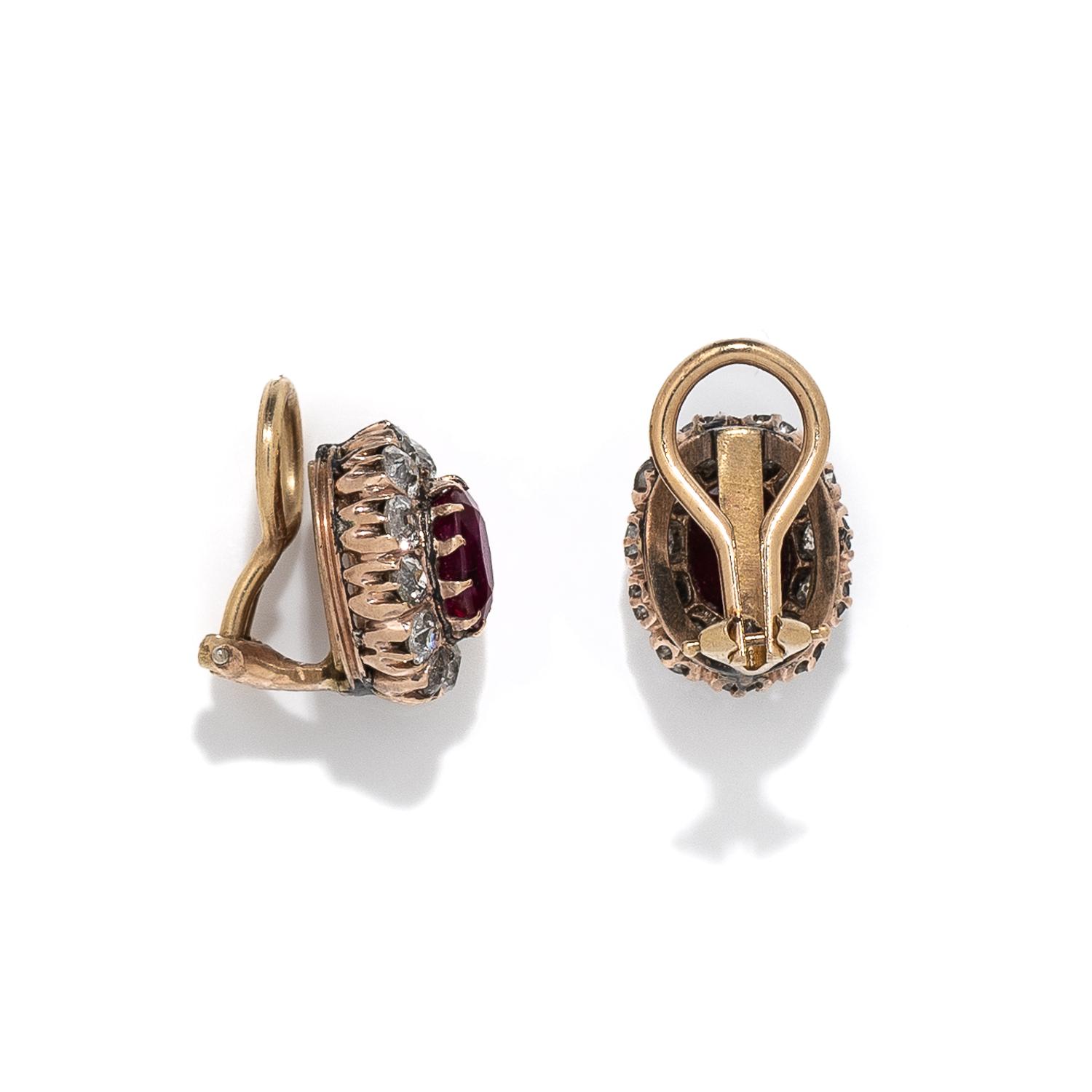 ANTIQUE, SYNTHETIC RUBY, DIAMOND, AND YELLOW GOLD EARRINGS