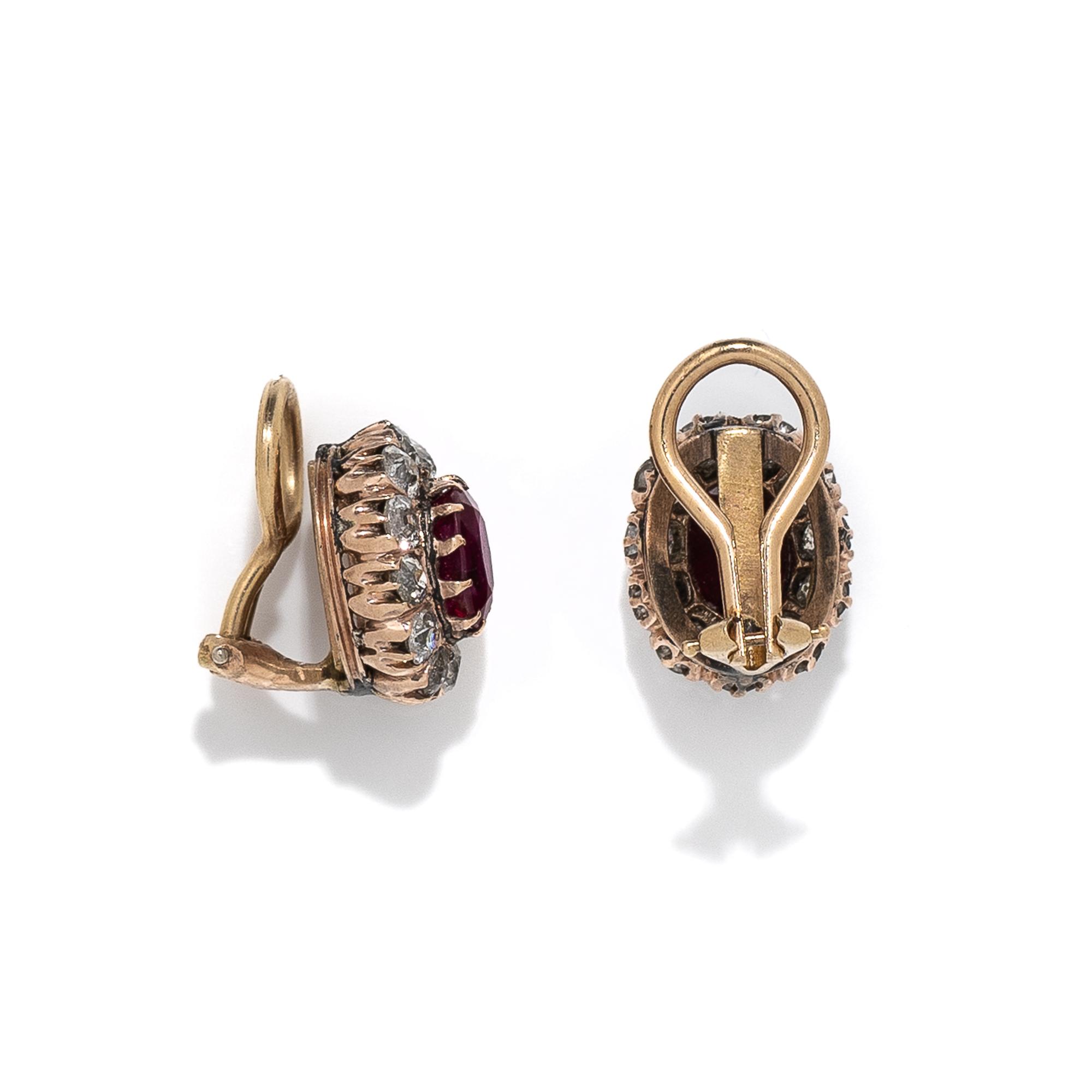 ANTIQUE, SYNTHETIC RUBY, DIAMOND, AND YELLOW GOLD EARRINGS