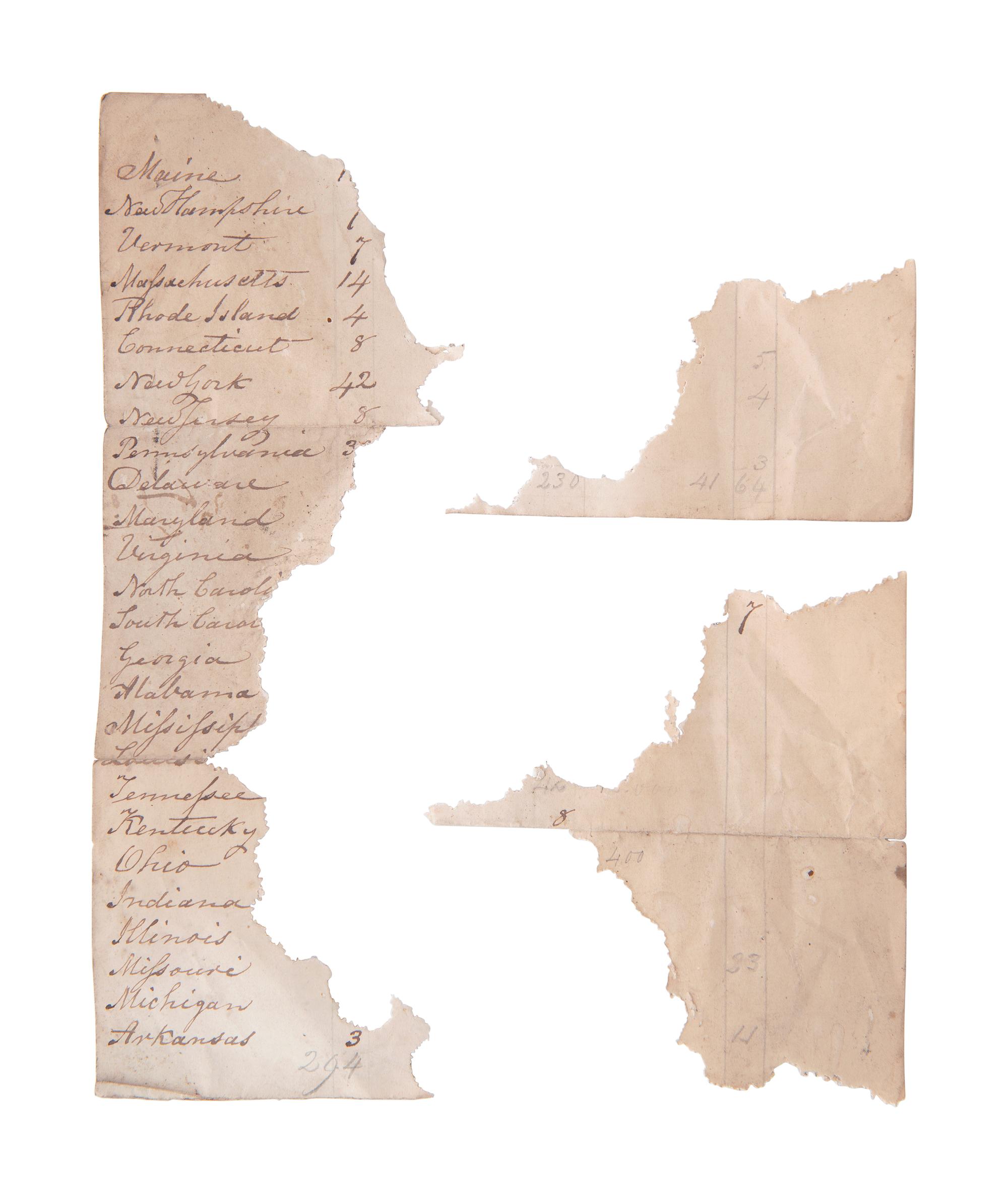 A collection of lenses and partial manuscript list referencing locations where Fitz telescopes would be sent, found in the workshop of George W. Fitz, Peconic, New York.