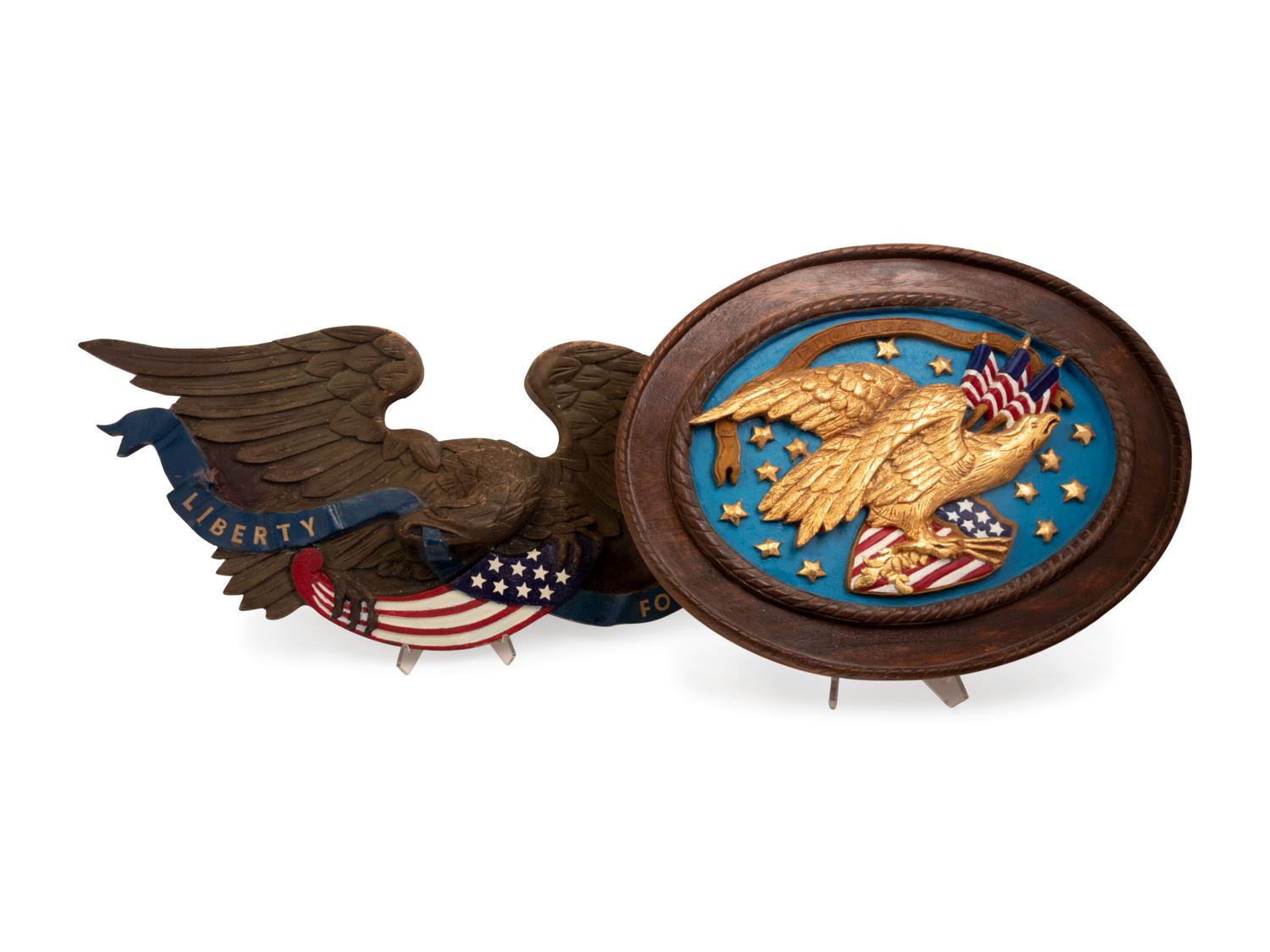A Carved and Painted Eagle and a Carved, Painted and Parcel Gilt Eagle Plaque