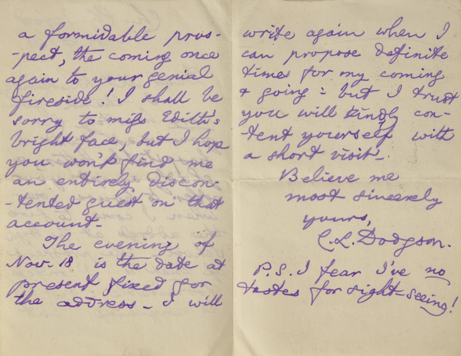 [Literature] Carroll, Lewis (Charles Lutwidge Dodgson). Autograph Letter, signed
