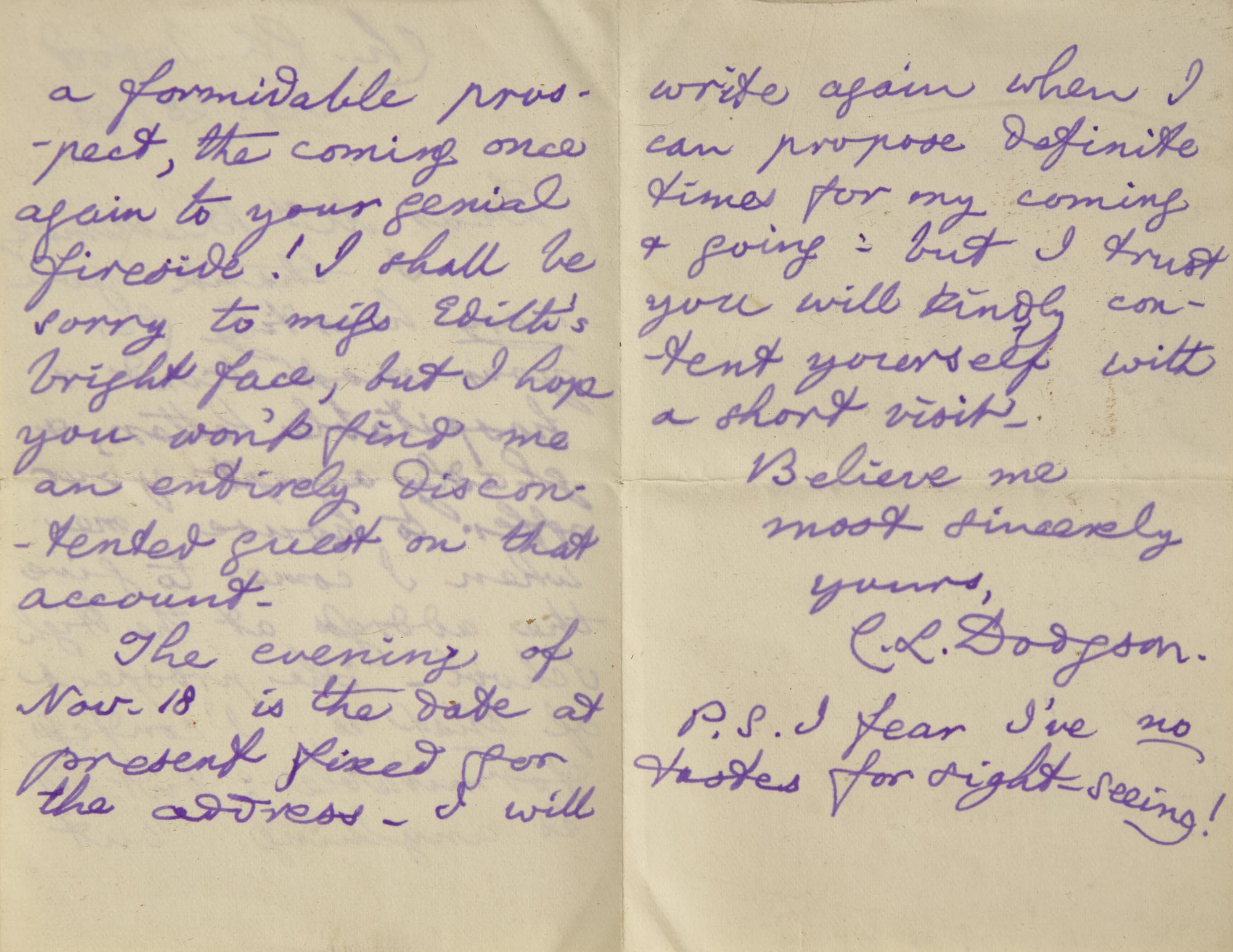 [Literature] Carroll, Lewis (Charles Lutwidge Dodgson). Autograph Letter, signed