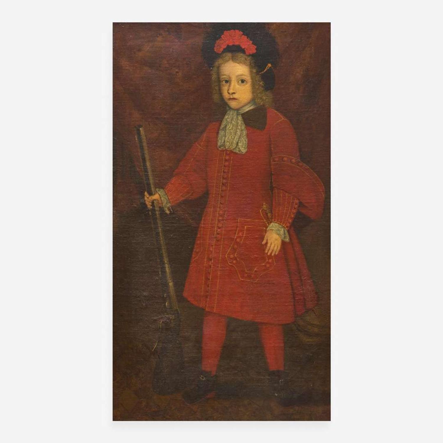 Spanish School 17th / 18th century Portrait of a Young Boy in Red with Gun