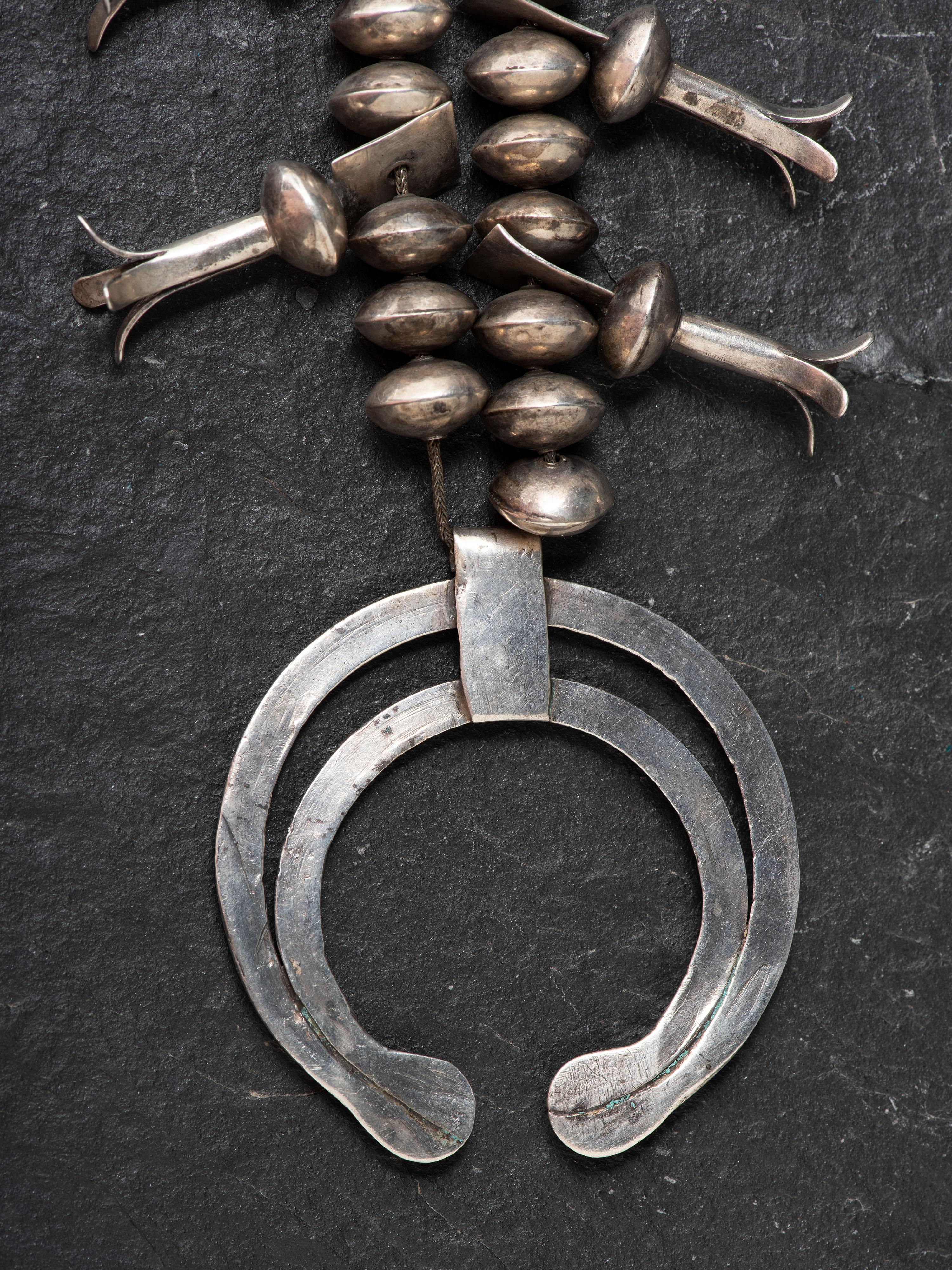 Navajo Silver Concha Belt and Squash Blossom Necklace