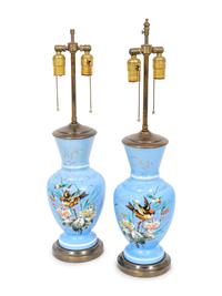 A Pair of French Painted Satin Glass Vases Mounted as Lamps