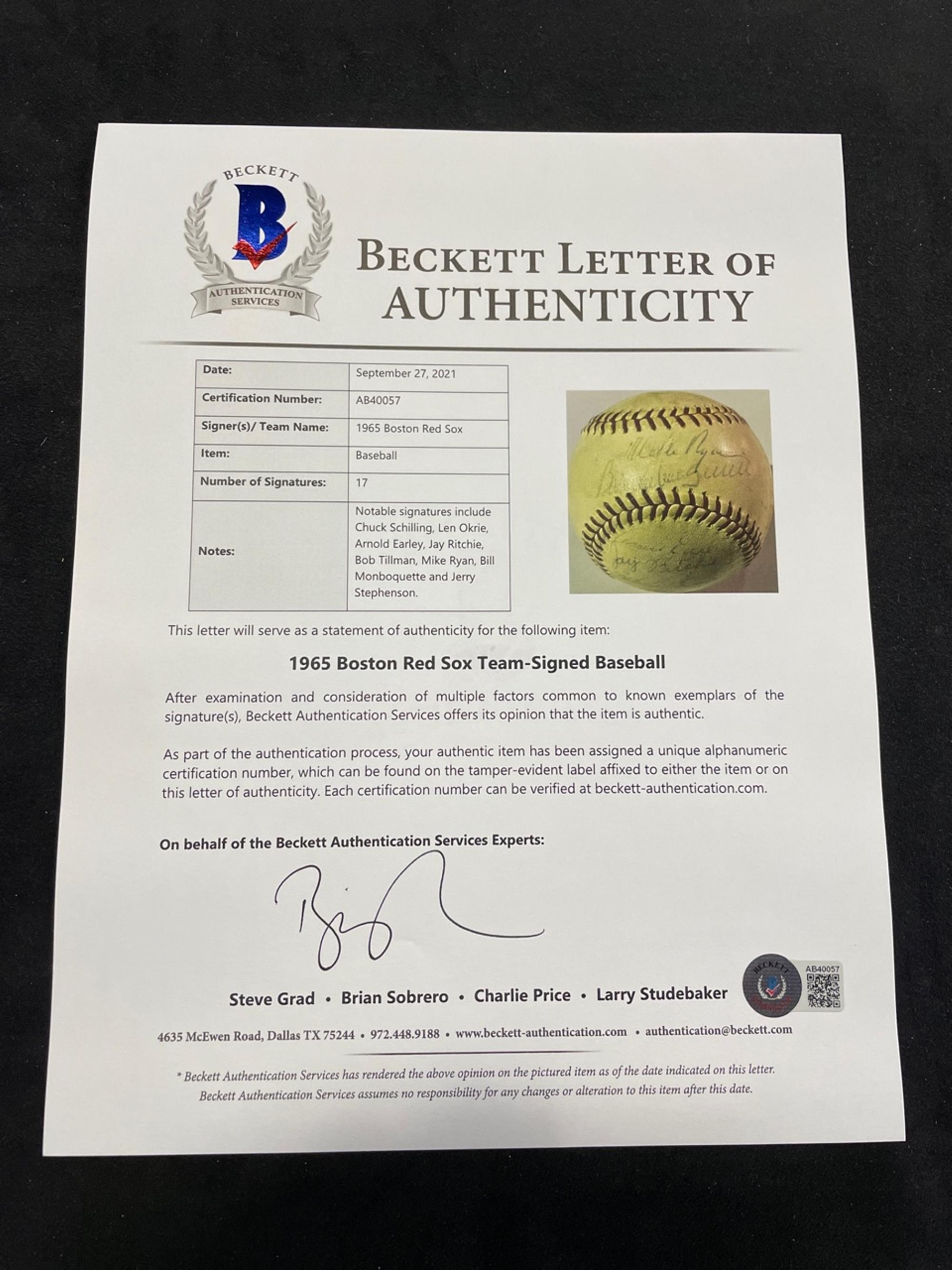A 1965 Boston Red Sox Team Signed Autograph Baseball (BAS Beckett Authentication Services Certified),