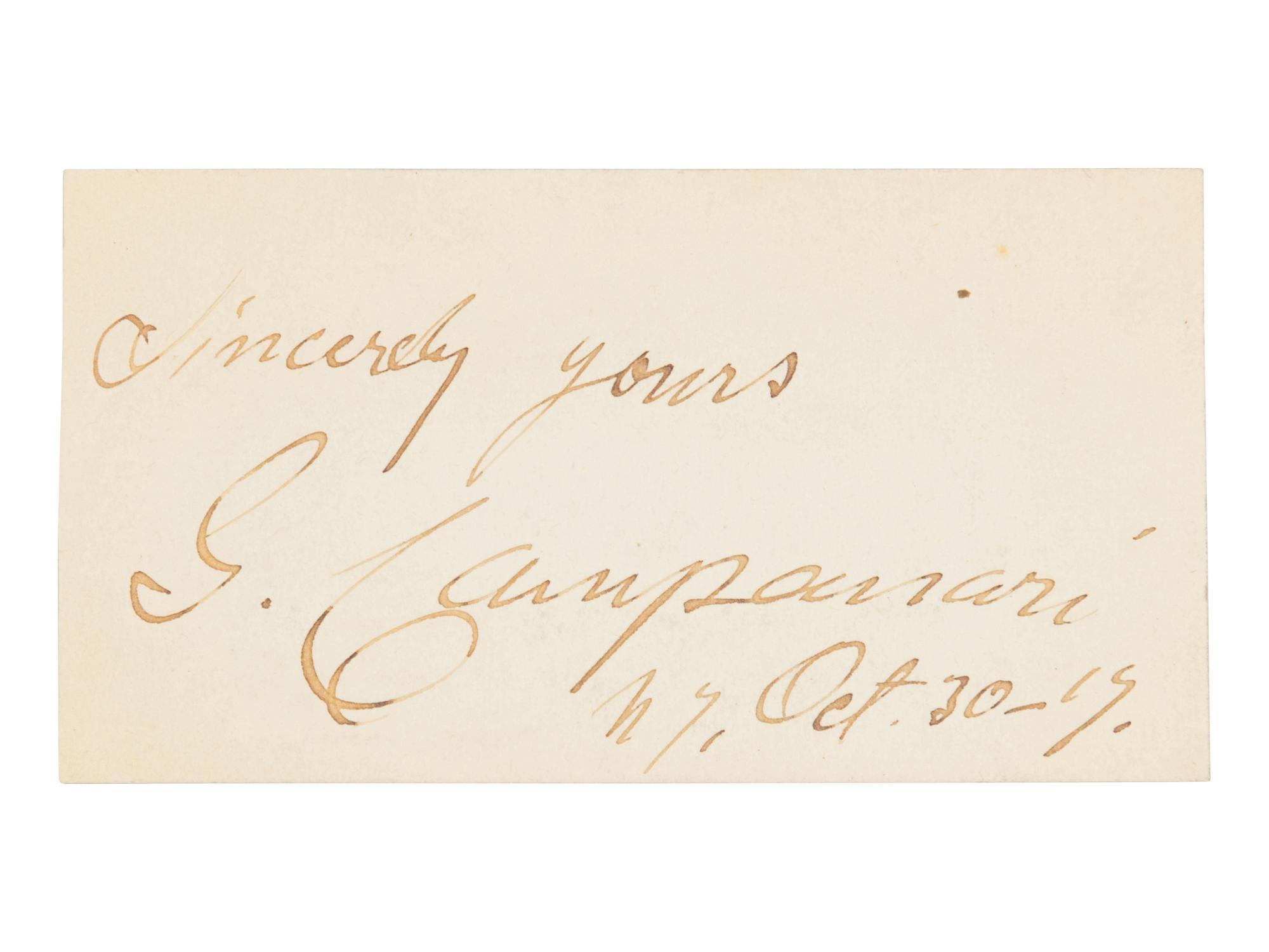 CAMPANARI, Giuseppe (1855-1927). Signature on card (“G. Campanari”), New York, 30 October 1919.