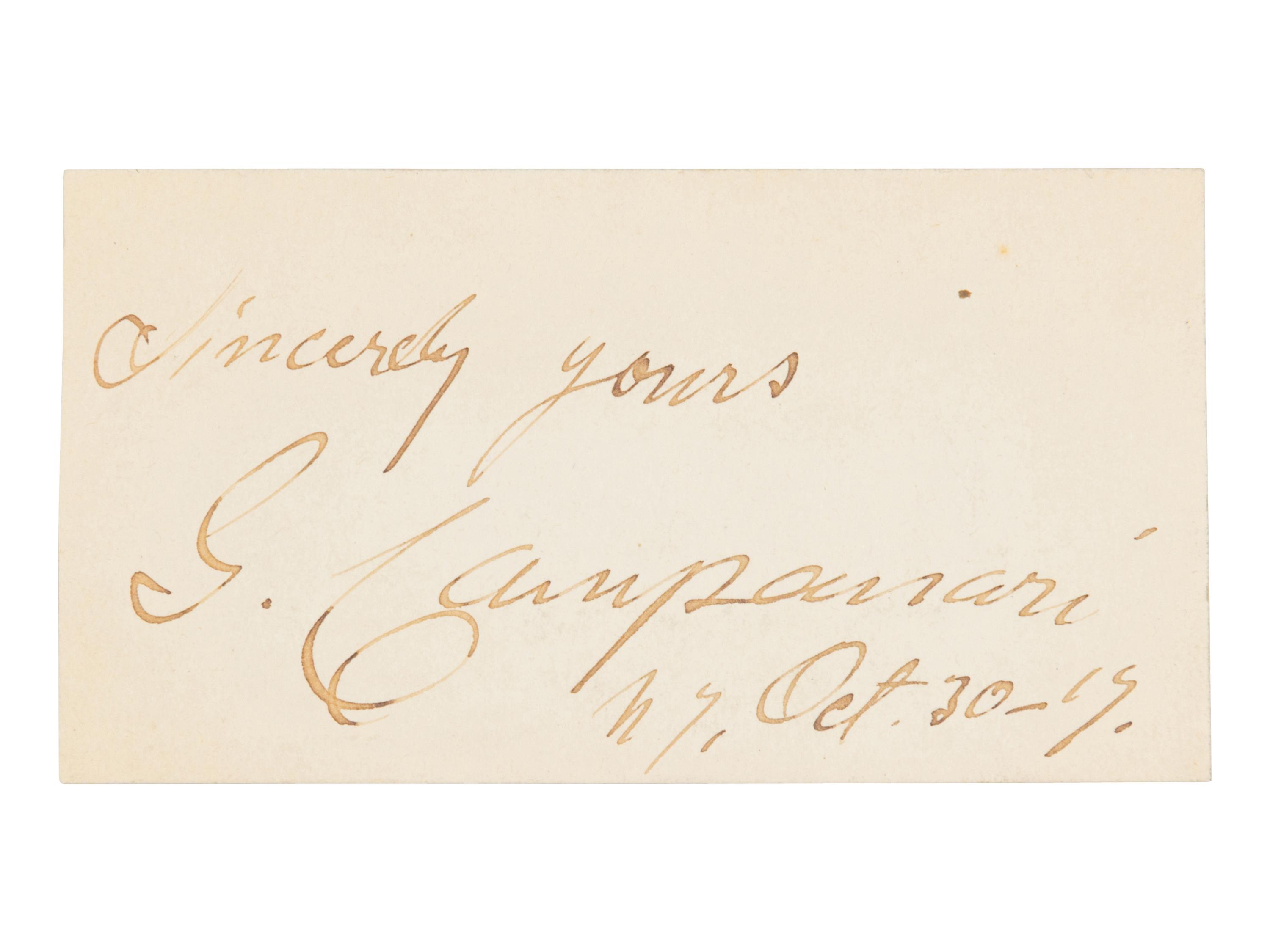CAMPANARI, Giuseppe (1855-1927). Signature on card (“G. Campanari”), New York, 30 October 1919.