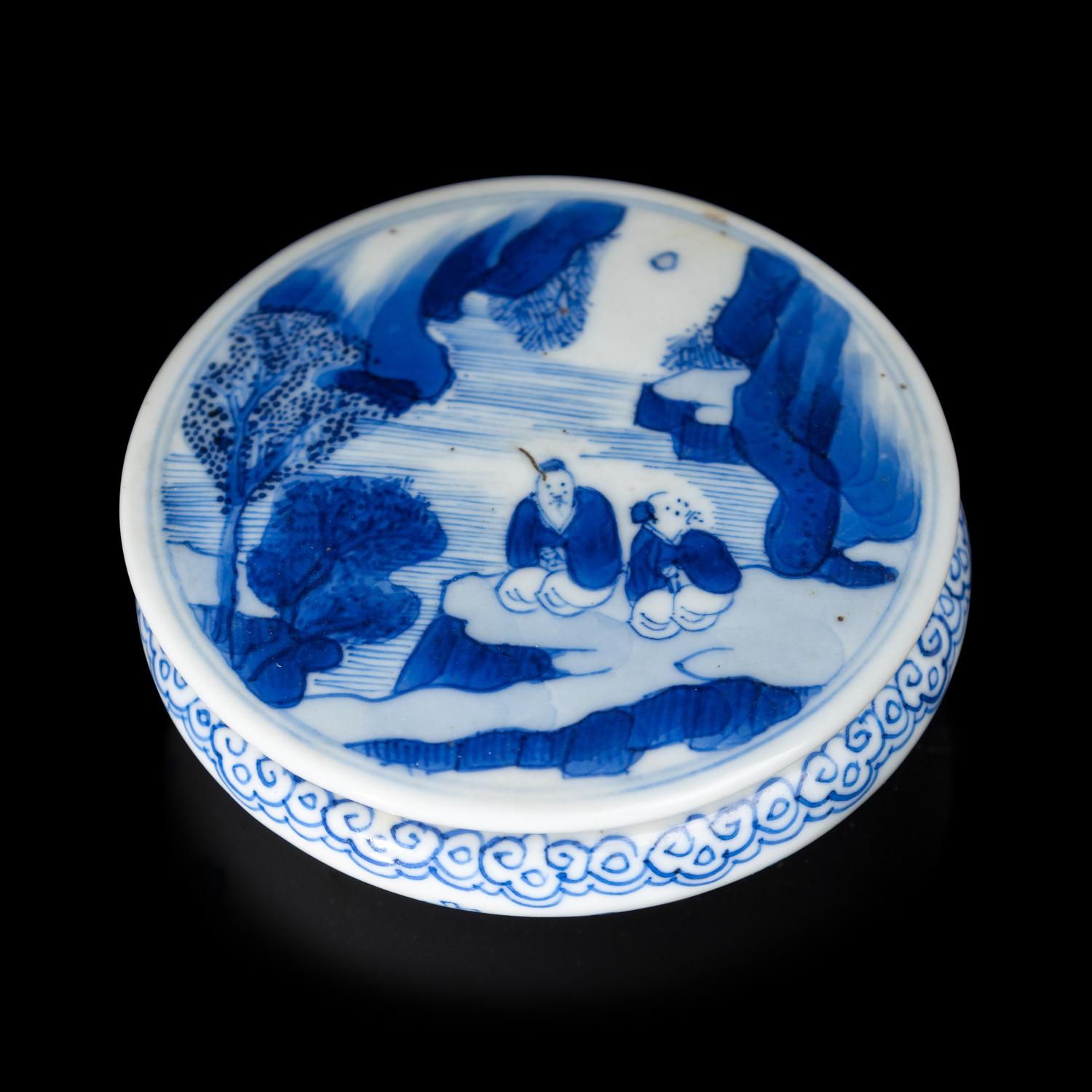A Chinese Blue and White Porcelain Seal Paste Box, Kangxi Period 清康熙 青花高士圖印盒