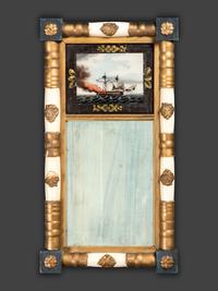 A Classical Battle of Lake Erie Eglomise Panel Inset, Parcel Gilt and Paint Decorated Looking Glass
