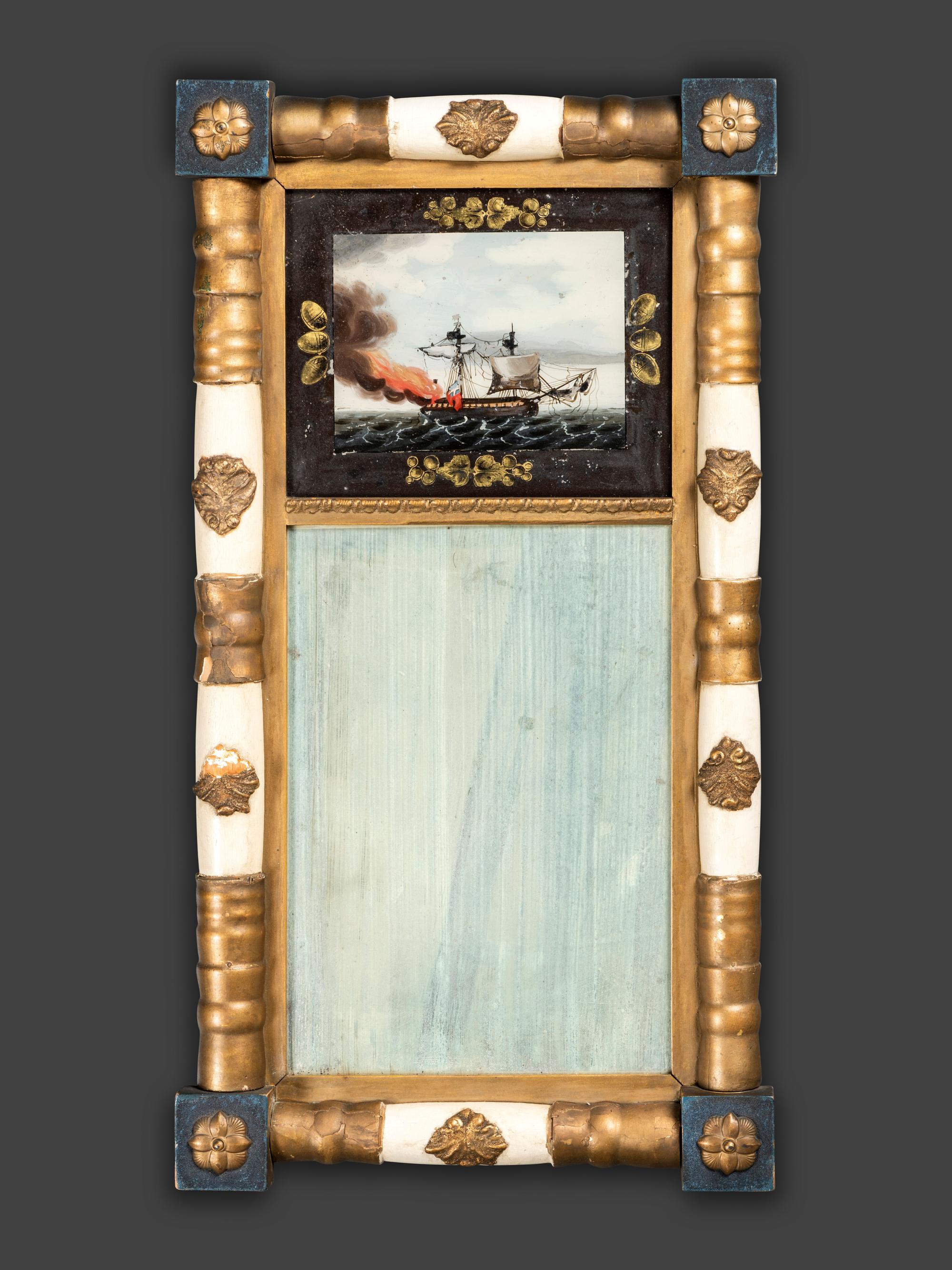 A Classical Battle of Lake Erie Eglomise Panel Inset, Parcel Gilt and Paint Decorated Looking Glass