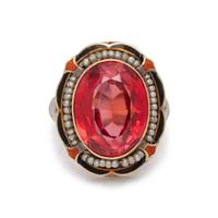 ANTIQUE, SYNTHETIC RUBY, SEED PEARL AND ENAMEL RING