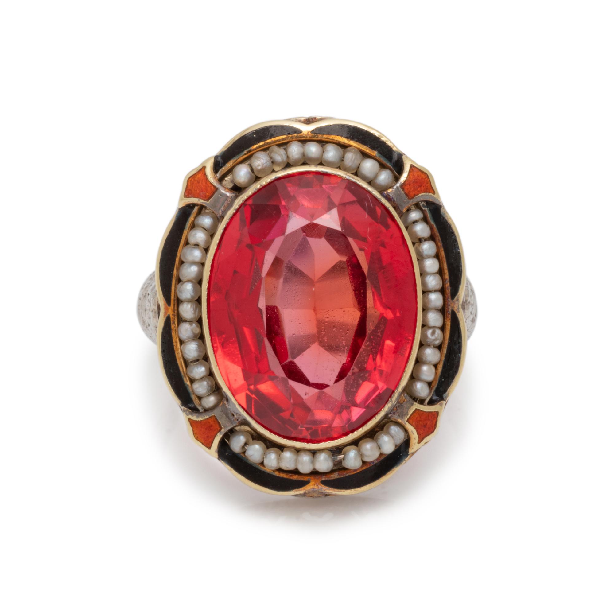 ANTIQUE, SYNTHETIC RUBY, SEED PEARL AND ENAMEL RING